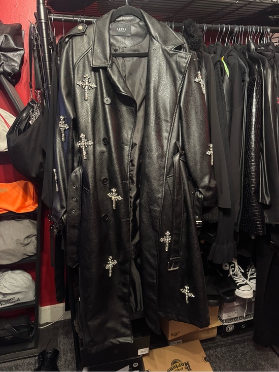 AKIRA Jackets & Blazers - AKIRA Black Faux Leather Trench Coat with Rhinestone Crosses